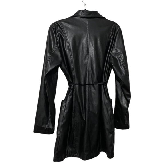 Marcelle Renee Classic Black Faux Leather Trench Coat Belted Jacket Medium M - Picture 4 of 14